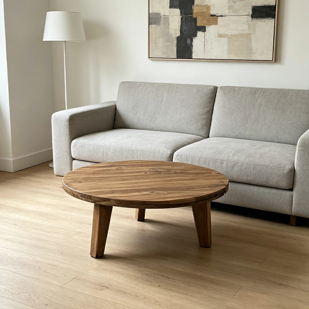 LIVARA Round Solid Wood Coffee Table Natural Pine Finish Sturdy Geometric Base for Living Room