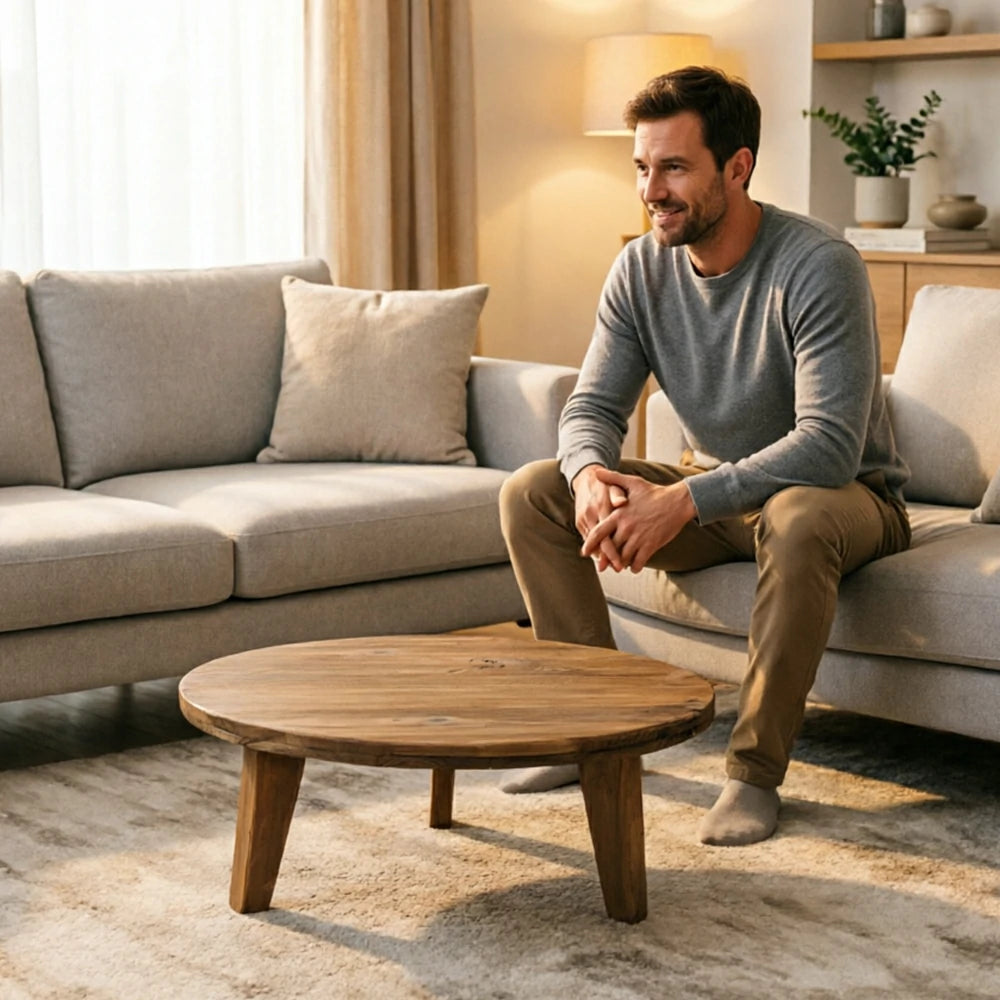LIVARA Round Solid Wood Coffee Table Natural Pine Finish Sturdy Geometric Base for Living Room
