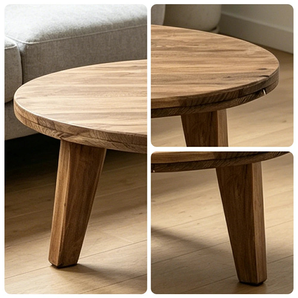 LIVARA Round Solid Wood Coffee Table Natural Pine Finish Sturdy Geometric Base for Living Room