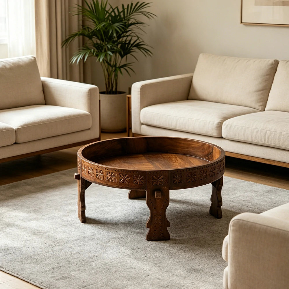 LIVARA Round Mango Wood Coffee Table Tray Edge Hand Carved Detail for Living Room