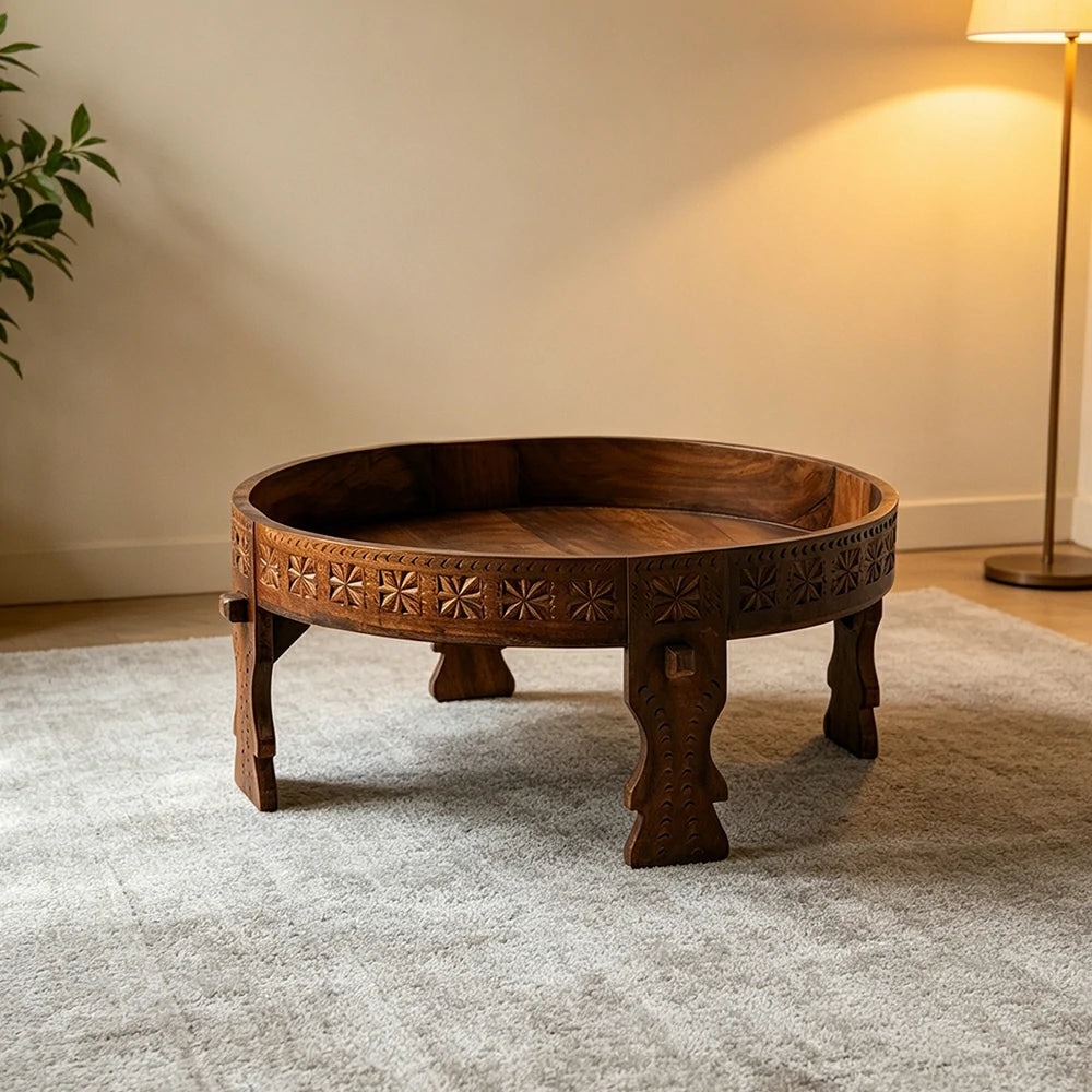 LIVARA Round Mango Wood Coffee Table Tray Edge Hand Carved Detail for Living Room