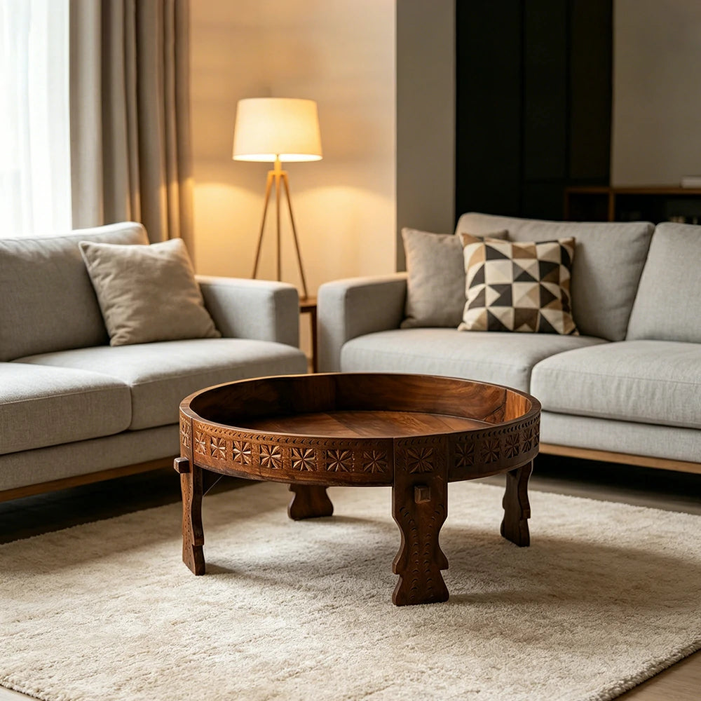 LIVARA Round Mango Wood Coffee Table Tray Edge Hand Carved Detail for Living Room