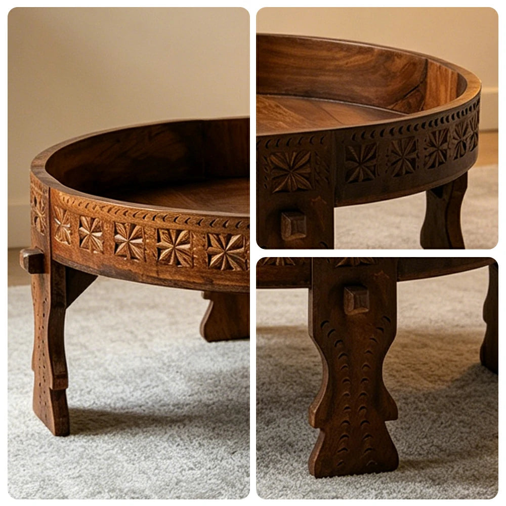LIVARA Round Mango Wood Coffee Table Tray Edge Hand Carved Detail for Living Room