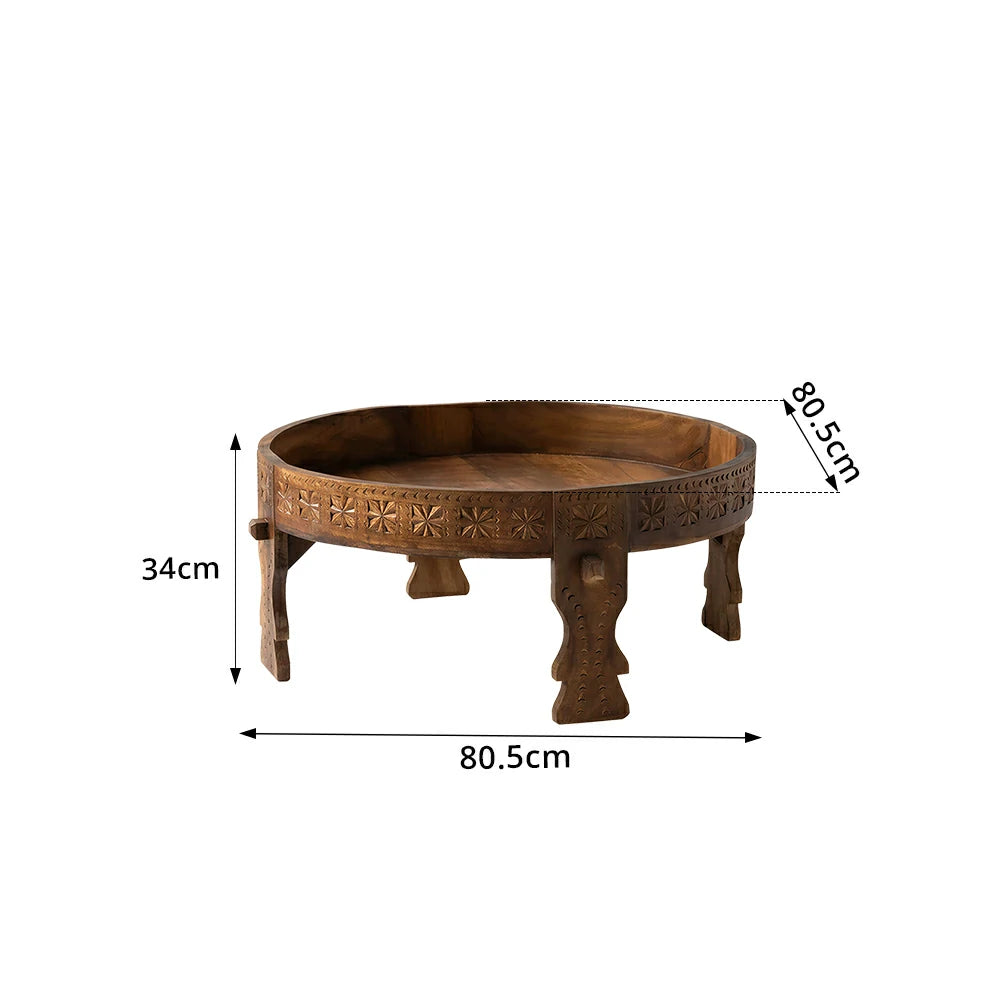 LIVARA Round Mango Wood Coffee Table Tray Edge Hand Carved Detail for Living Room