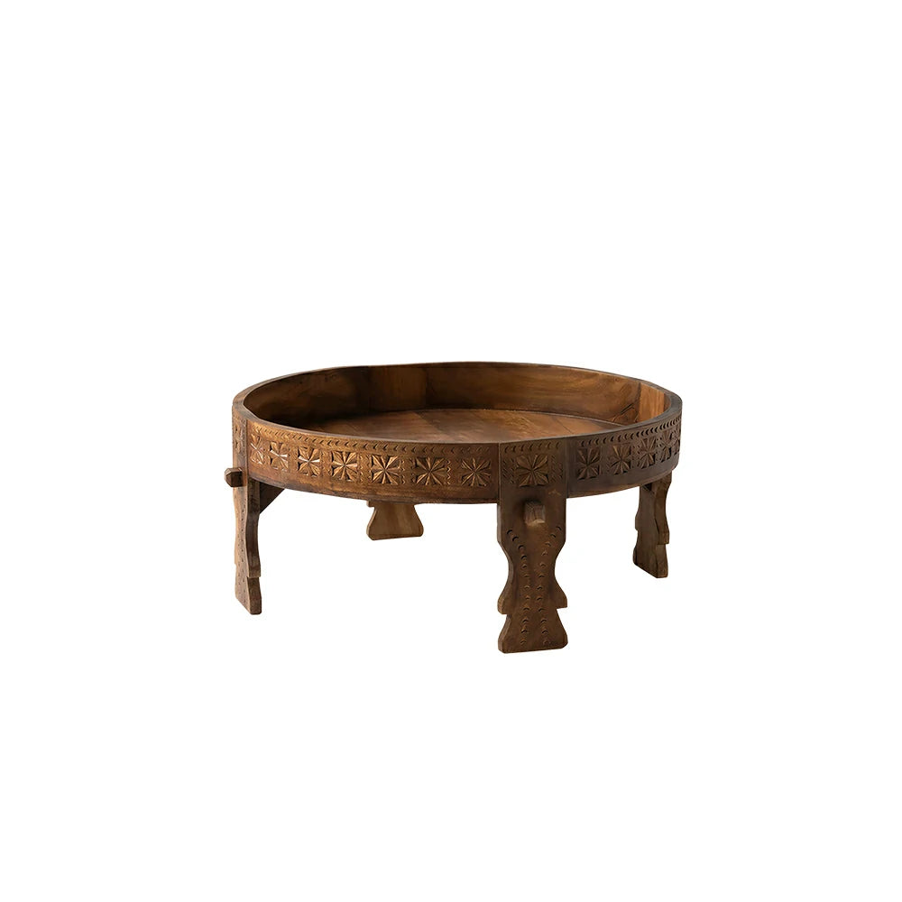 LIVARA Round Mango Wood Coffee Table Tray Edge Hand Carved Detail for Living Room