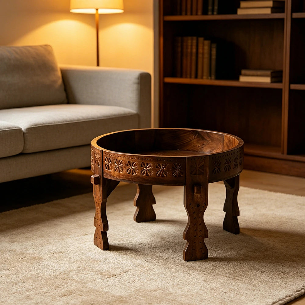 LIVARA Round Solid Wood Coffee Table Vintage Carved Design Stable Legs for Guesthouse Living Room
