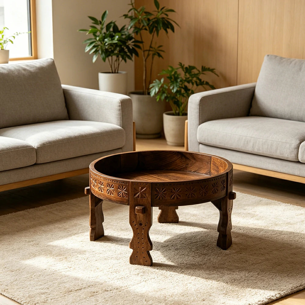 LIVARA Round Solid Wood Coffee Table Vintage Carved Design Stable Legs for Guesthouse Living Room
