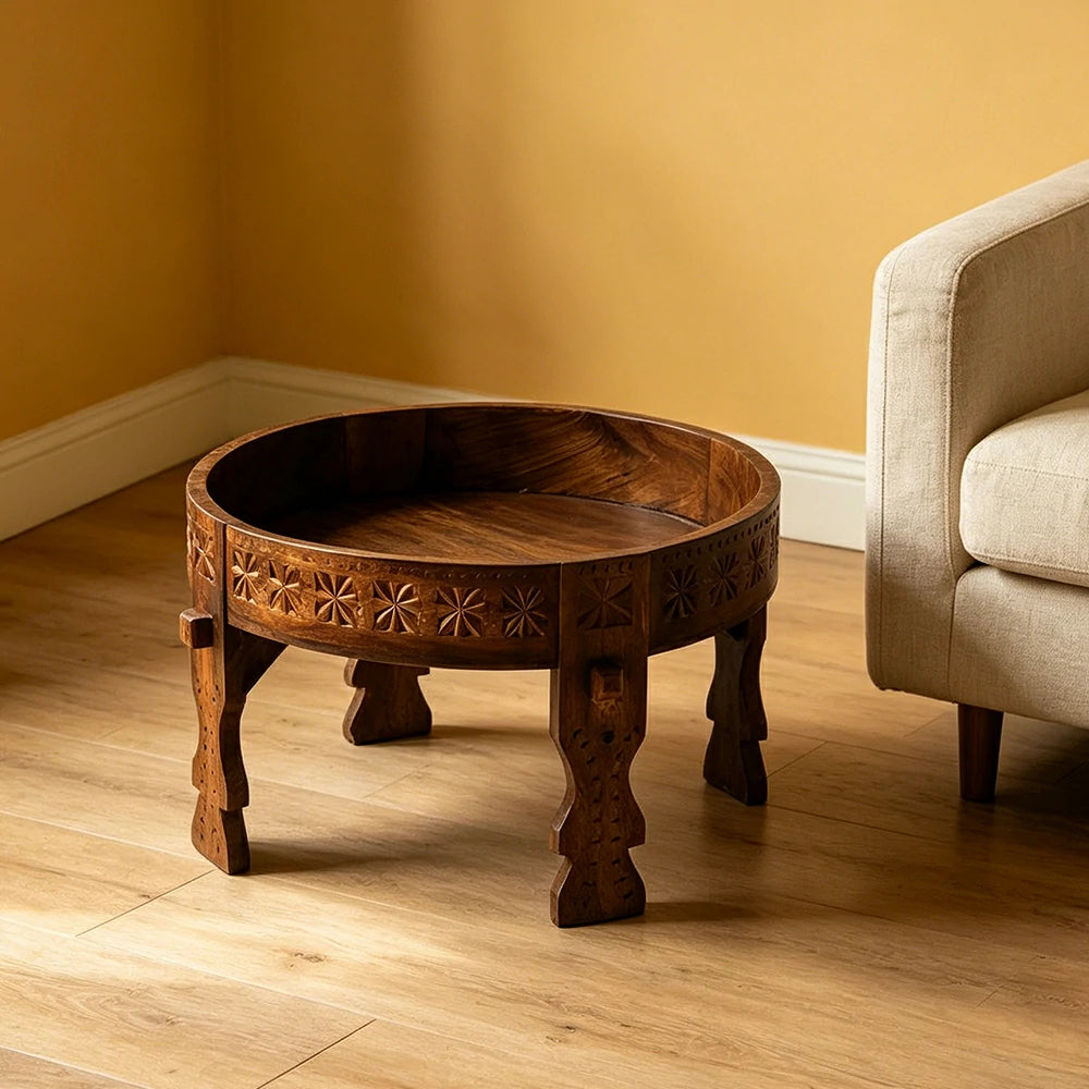 LIVARA Round Solid Wood Coffee Table Vintage Carved Design Stable Legs for Guesthouse Living Room