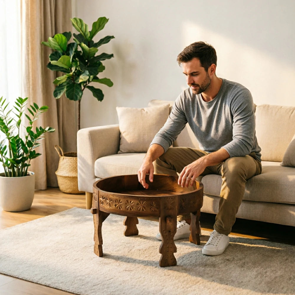 LIVARA Round Solid Wood Coffee Table Vintage Carved Design Stable Legs for Guesthouse Living Room