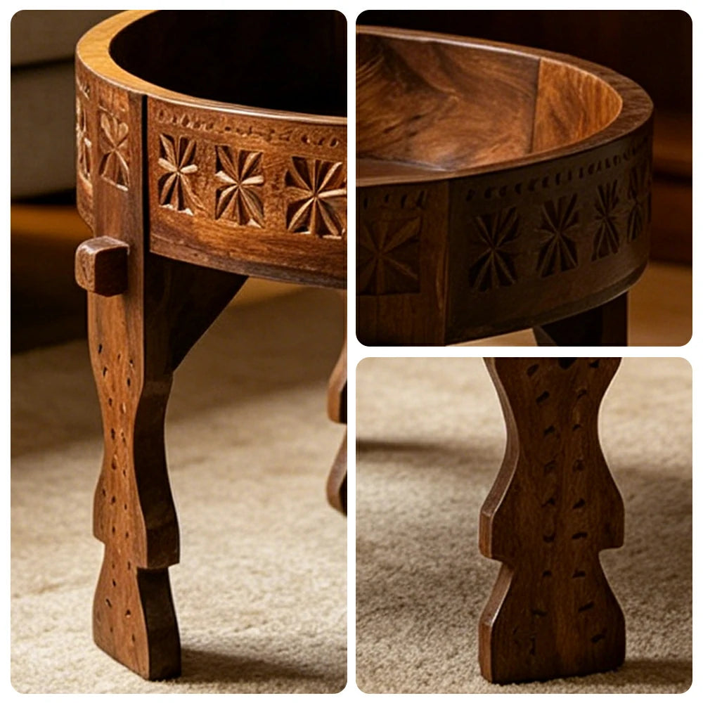 LIVARA Round Solid Wood Coffee Table Vintage Carved Design Stable Legs for Guesthouse Living Room