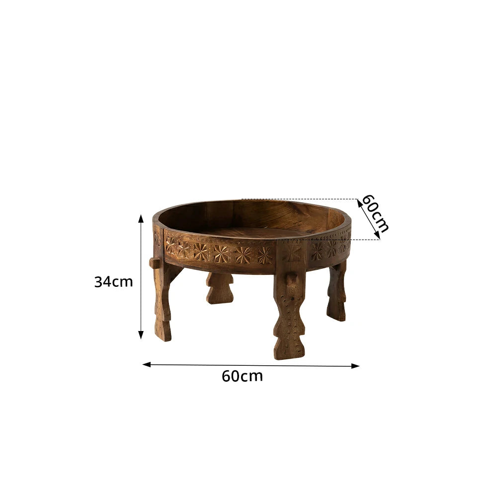 LIVARA Round Solid Wood Coffee Table Vintage Carved Design Stable Legs for Guesthouse Living Room