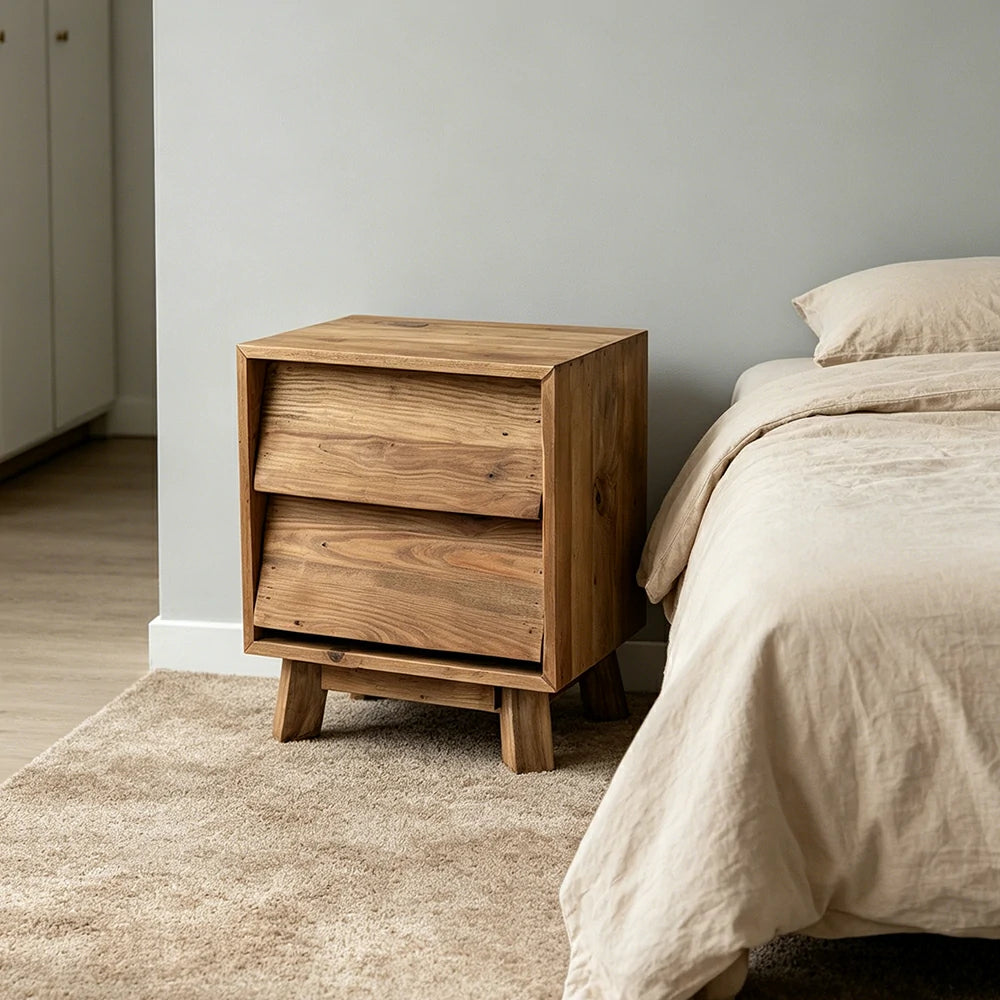 LIVARA Solid Wood Storage Cabinet Wooden Rails Built-in Handles 2 Drawer Cabinet for Living Room Bedroom Study