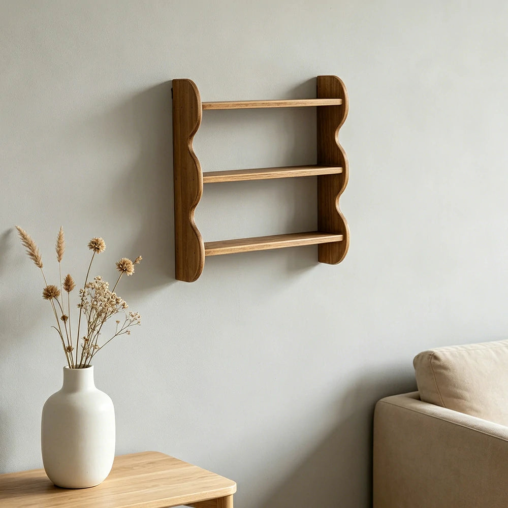 LIVARA Wall Mounted Solid Wood Shelf 3 Tier Open Storage Wavy Side Panels for Living Room Bedroom Entryway - Wood