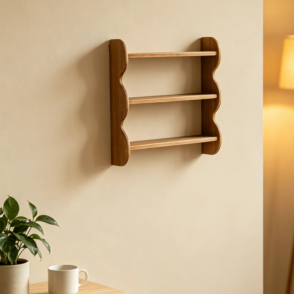LIVARA Wall Mounted Solid Wood Shelf 3 Tier Open Storage Wavy Side Panels for Living Room Bedroom Entryway - Wood