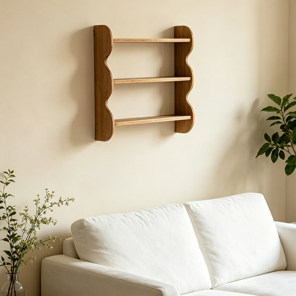 LIVARA Wall Mounted Solid Wood Shelf 3 Tier Open Storage Wavy Side Panels for Living Room Bedroom Entryway - Wood