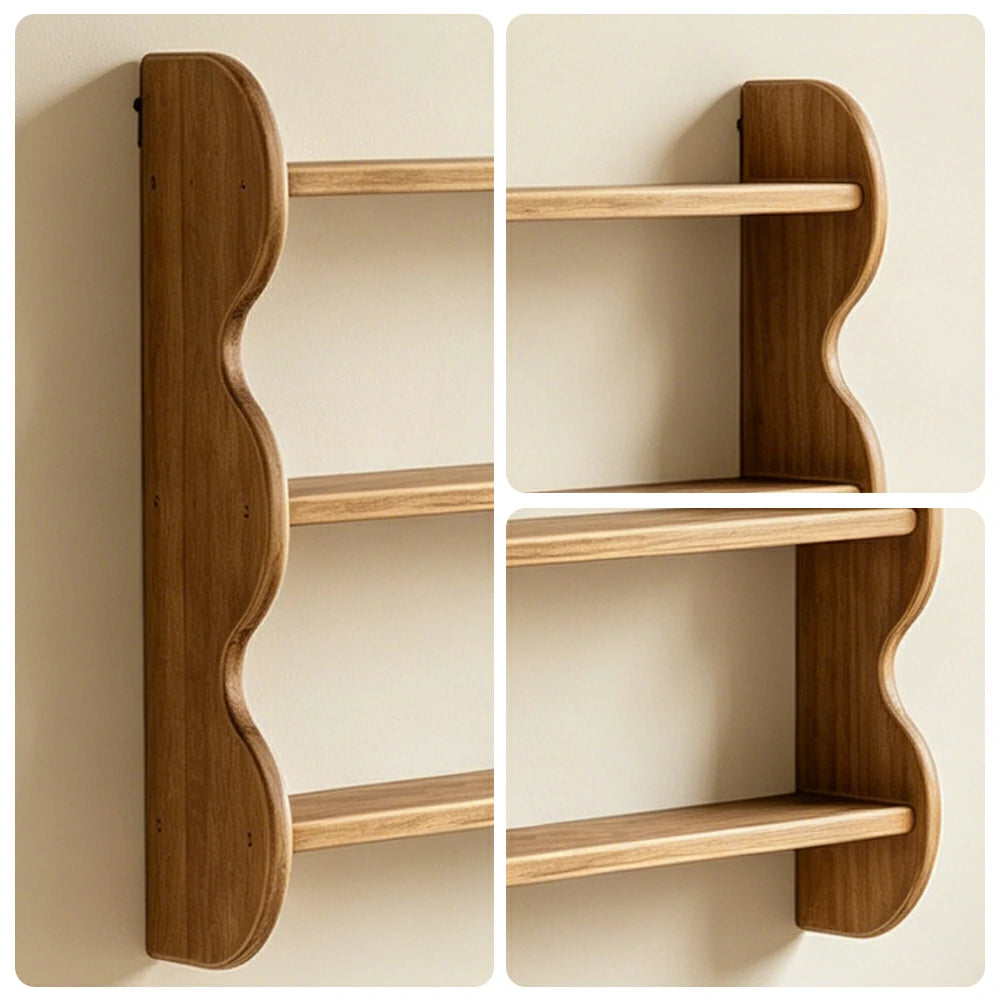 LIVARA Wall Mounted Solid Wood Shelf 3 Tier Open Storage Wavy Side Panels for Living Room Bedroom Entryway - Wood