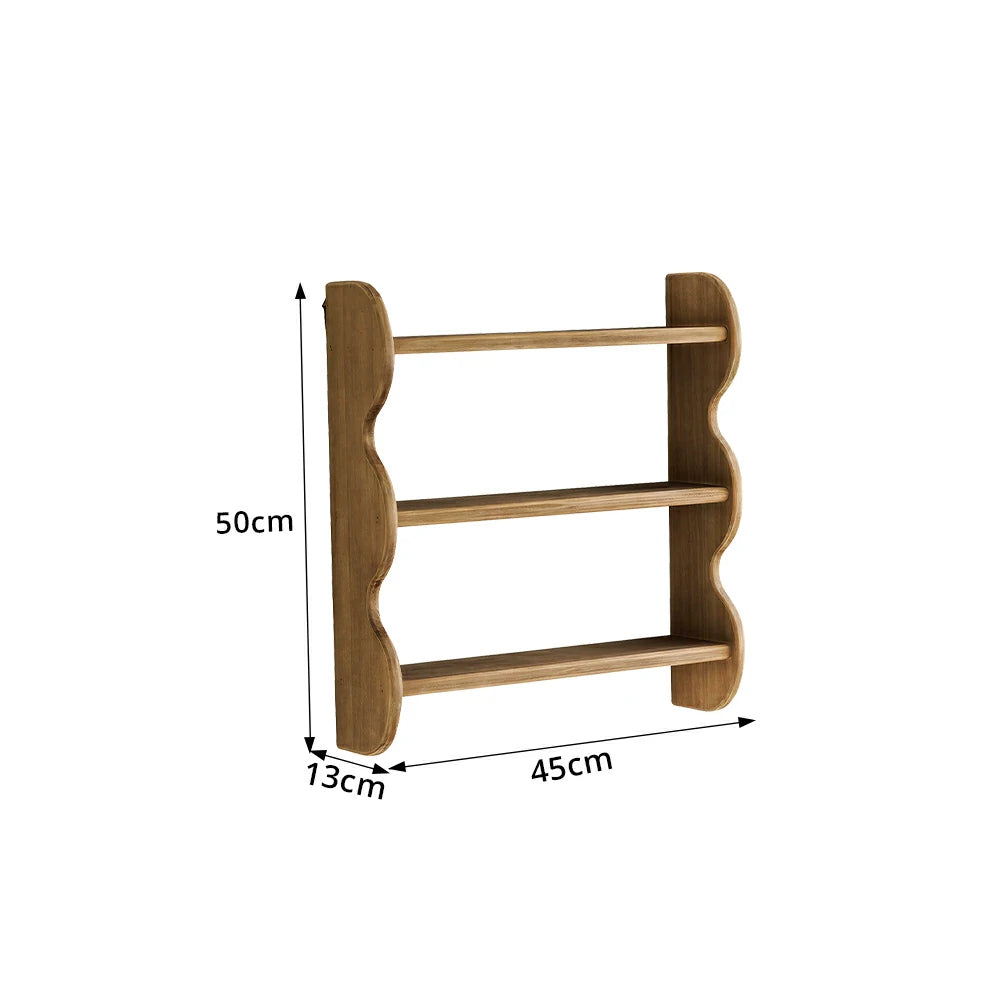 LIVARA Wall Mounted Solid Wood Shelf 3 Tier Open Storage Wavy Side Panels for Living Room Bedroom Entryway - Wood