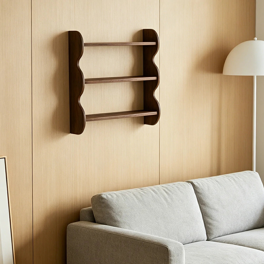 LIVARA Wall Mounted Solid Wood Shelf 3 Tier Open Storage Wavy Side Panels for Living Room Bedroom Entryway - Walnut