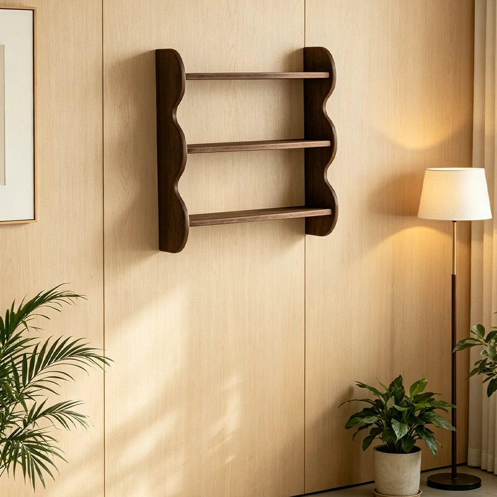 LIVARA Wall Mounted Solid Wood Shelf 3 Tier Open Storage Wavy Side Panels for Living Room Bedroom Entryway - Walnut