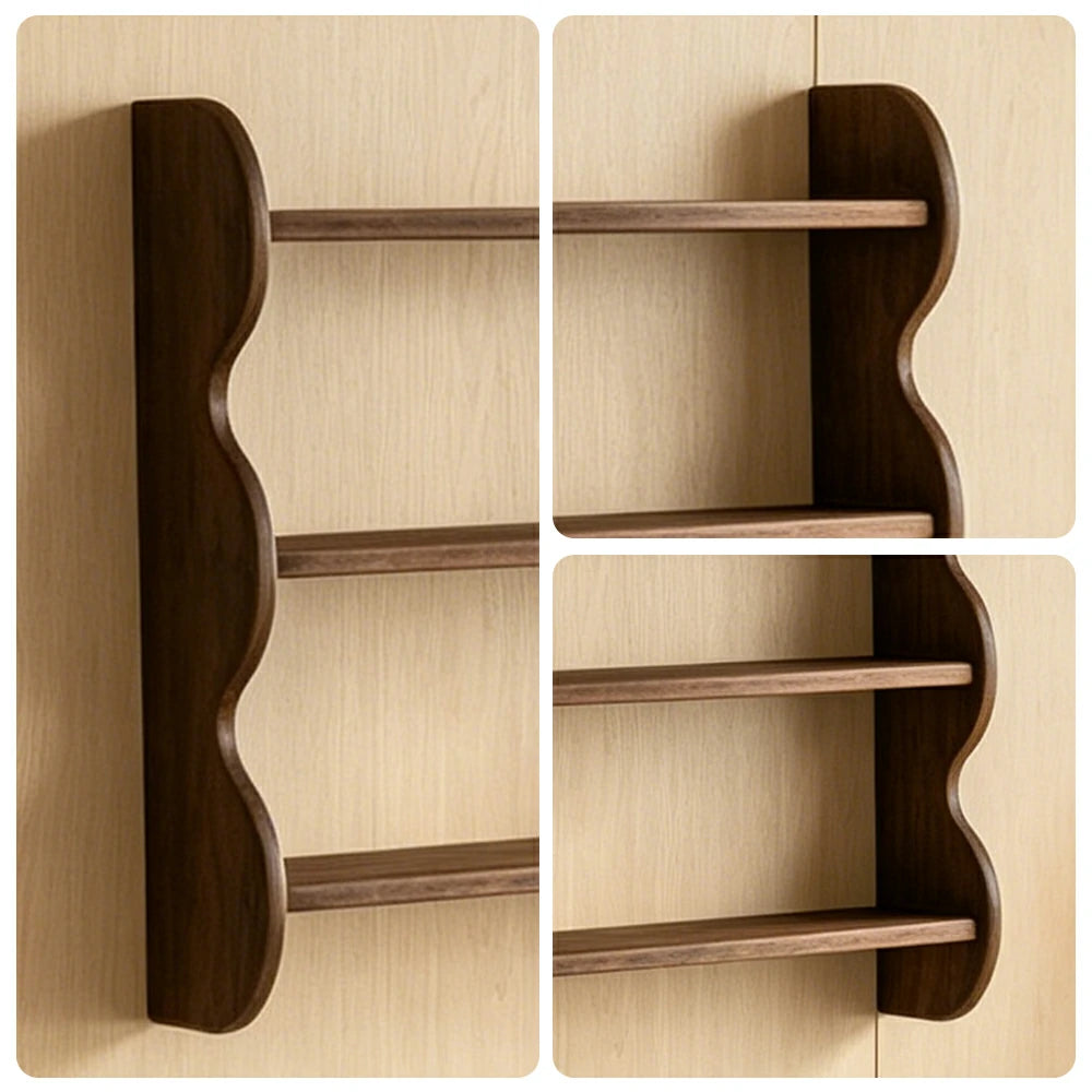LIVARA Wall Mounted Solid Wood Shelf 3 Tier Open Storage Wavy Side Panels for Living Room Bedroom Entryway - Walnut