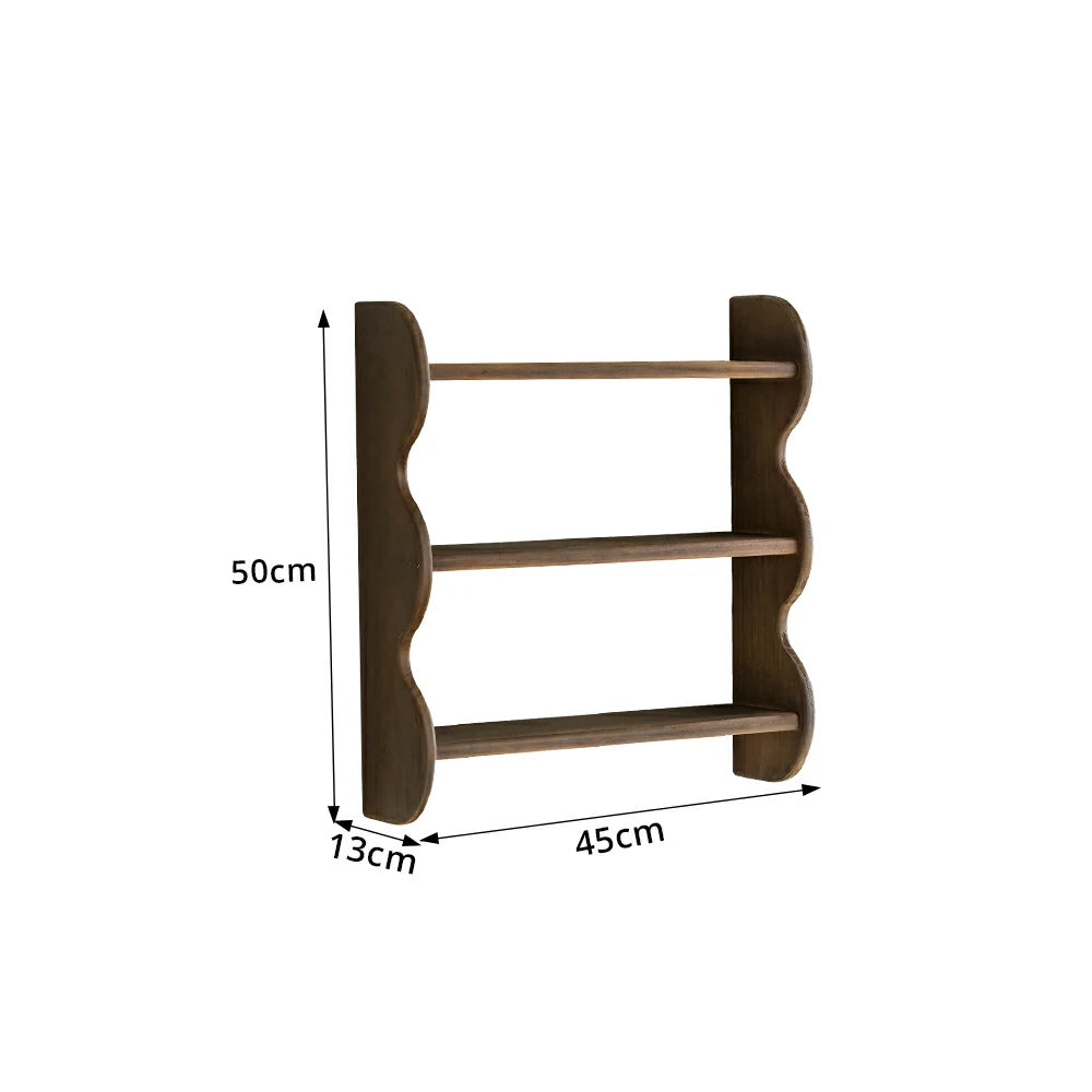 LIVARA Wall Mounted Solid Wood Shelf 3 Tier Open Storage Wavy Side Panels for Living Room Bedroom Entryway - Walnut