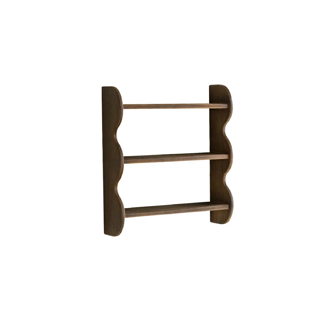 LIVARA Wall Mounted Solid Wood Shelf 3 Tier Open Storage Wavy Side Panels for Living Room Bedroom Entryway - Walnut