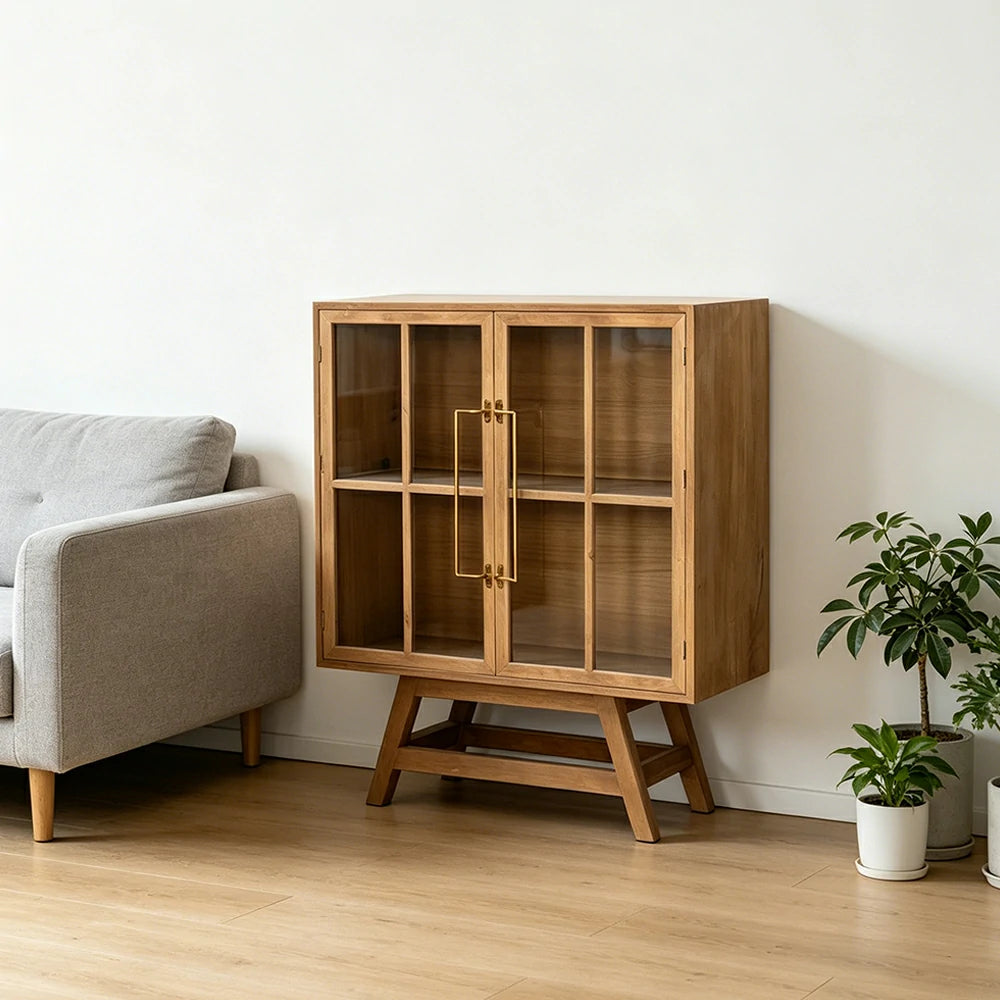 LIVARA Solid Wood Glass Double Door Cabinet Tempered Display Double Storage for Living Room Dining Room Study