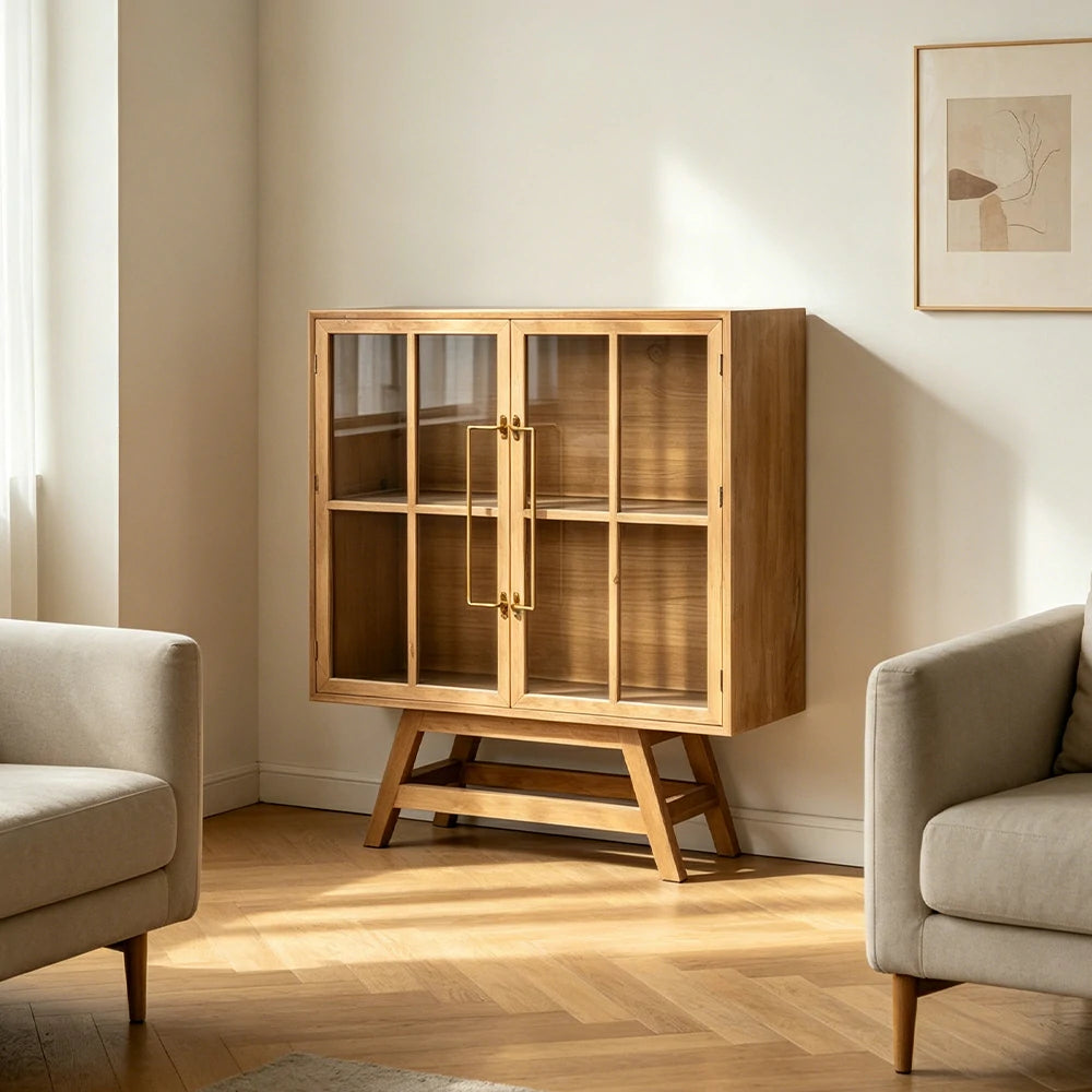 LIVARA Solid Wood Glass Double Door Cabinet Tempered Display Double Storage for Living Room Dining Room Study