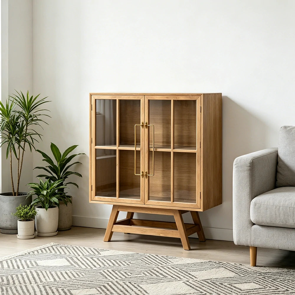 LIVARA Solid Wood Glass Double Door Cabinet Tempered Display Double Storage for Living Room Dining Room Study