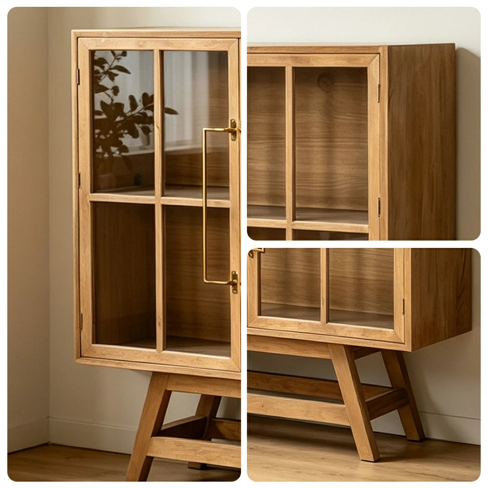 LIVARA Solid Wood Glass Double Door Cabinet Tempered Display Double Storage for Living Room Dining Room Study