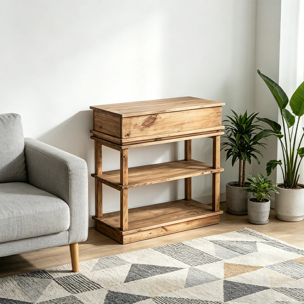 LIVARA Solid Wood Open Storage Side Cabinet Double Shelf Hidden Handle for Living Room Entryway Study
