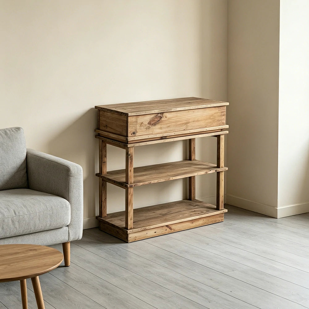 LIVARA Solid Wood Open Storage Side Cabinet Double Shelf Hidden Handle for Living Room Entryway Study