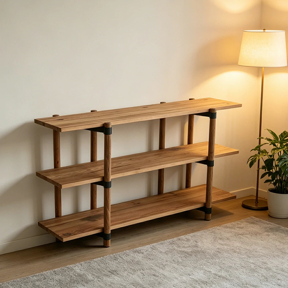 LIVARA 3 Tier Solid Wood Open Shelf Spacious Shelves Reinforced Round Legs for Living Room Balcony Dining Area