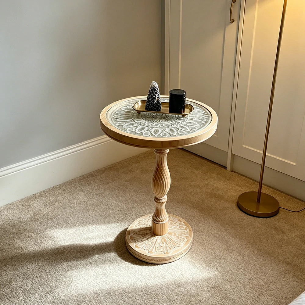 LIVARA Vintage Carved Side Table Roman Column Base Handcrafted Distressed Finish for Living Room Bedroom - Wood