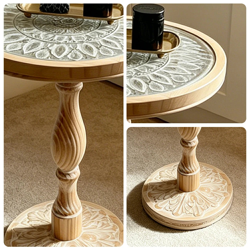 LIVARA Vintage Carved Side Table Roman Column Base Handcrafted Distressed Finish for Living Room Bedroom - Wood