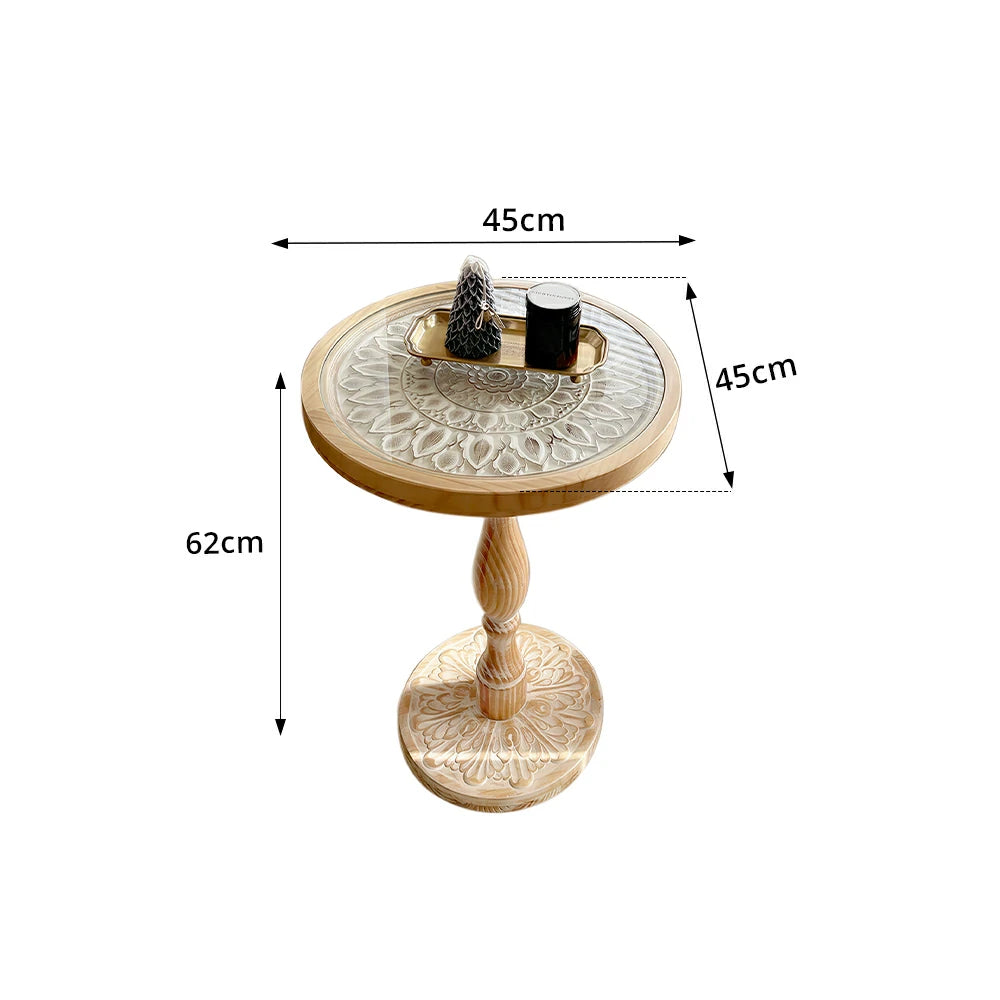LIVARA Vintage Carved Side Table Roman Column Base Handcrafted Distressed Finish for Living Room Bedroom - Wood