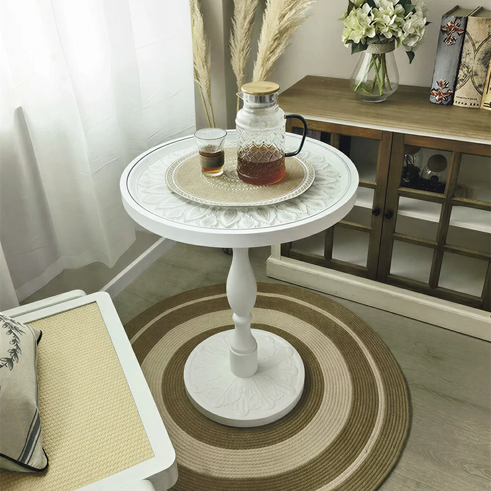 LIVARA Vintage Carved Side Table Roman Column Base Handcrafted Distressed Finish for Living Room Bedroom - White