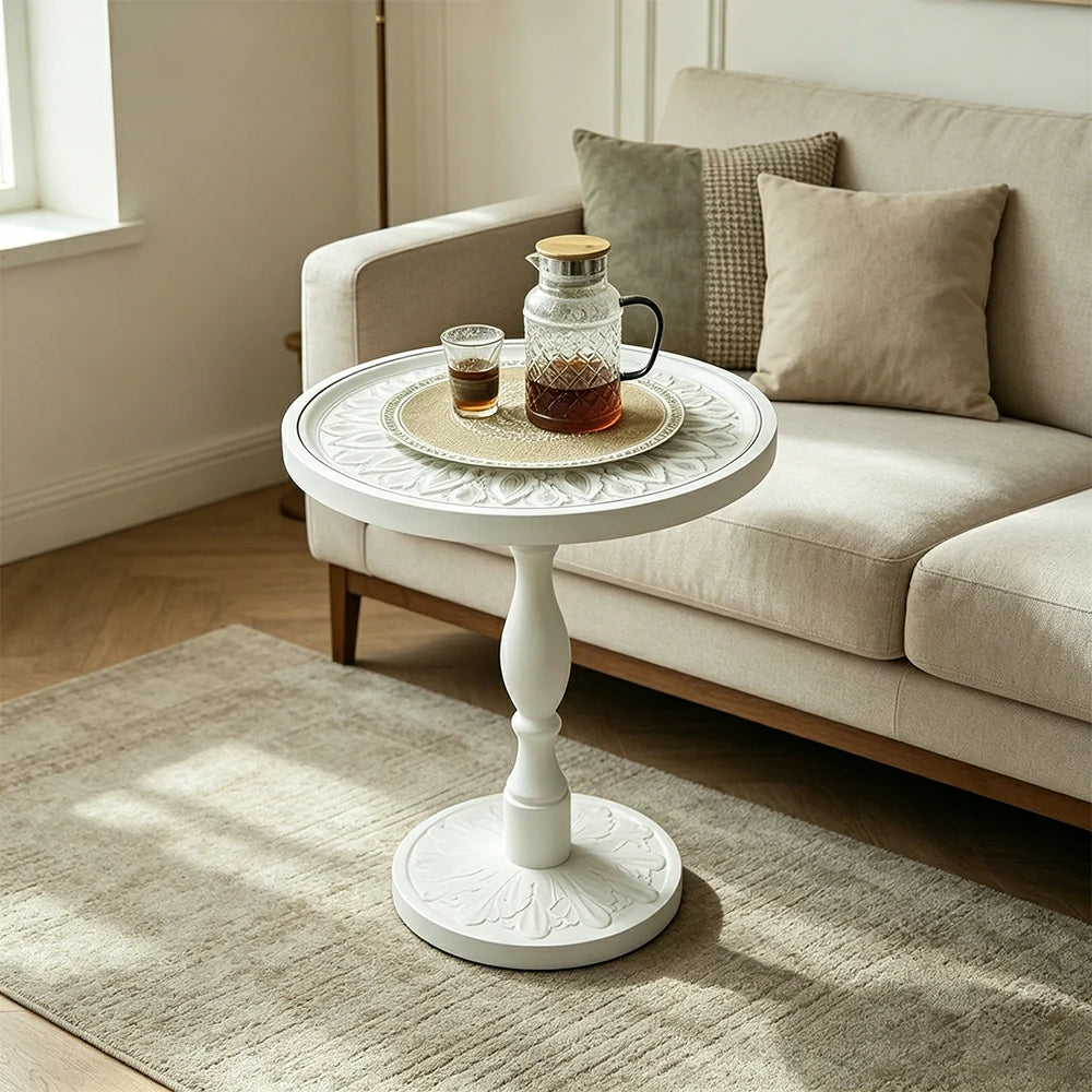 LIVARA Vintage Carved Side Table Roman Column Base Handcrafted Distressed Finish for Living Room Bedroom - White