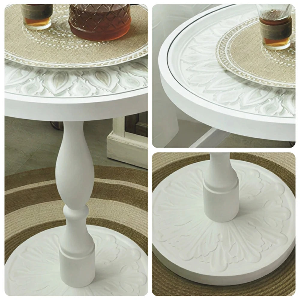 LIVARA Vintage Carved Side Table Roman Column Base Handcrafted Distressed Finish for Living Room Bedroom - White