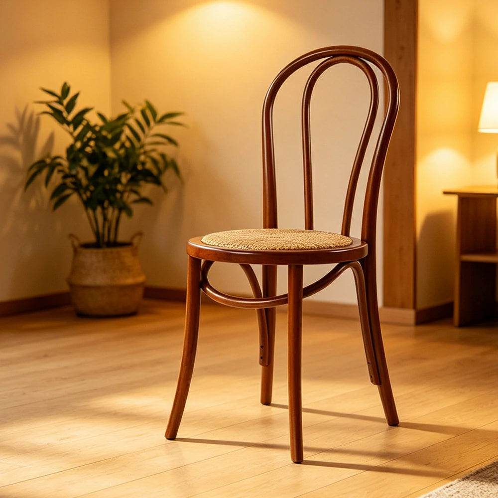LIVARA Rattan Dining Chair Solid Wood Frame Curved Hollow Backrest for Dining Room Cafe Corner Study - Walnut
