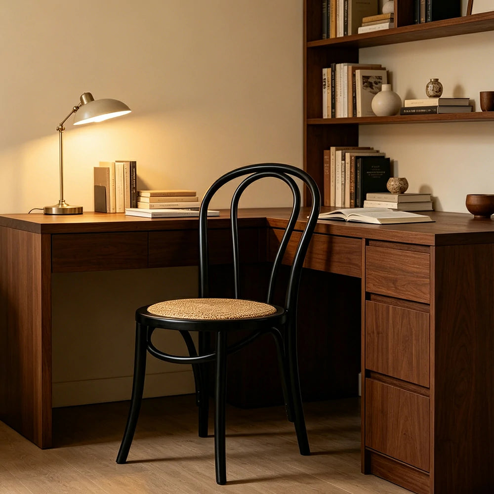 LIVARA Rattan Dining Chair Solid Wood Frame Curved Hollow Backrest for Dining Room Cafe Corner Study - Black