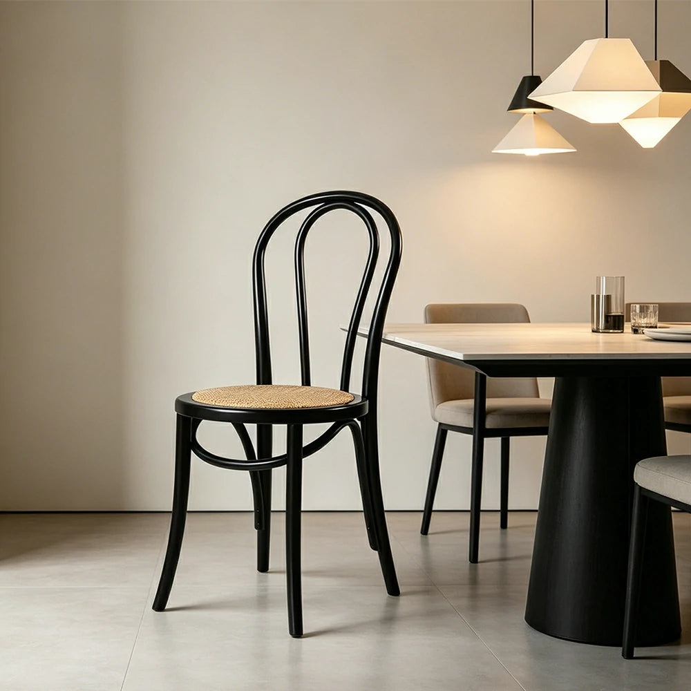 LIVARA Rattan Dining Chair Solid Wood Frame Curved Hollow Backrest for Dining Room Cafe Corner Study - Black