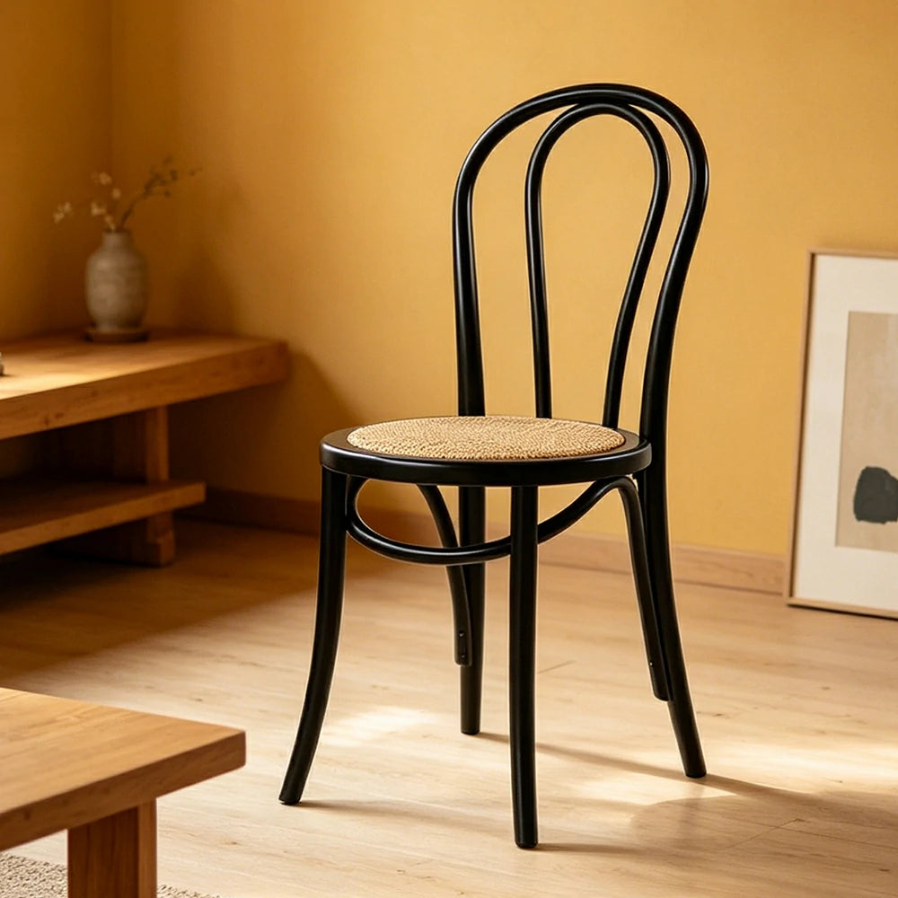LIVARA Rattan Dining Chair Solid Wood Frame Curved Hollow Backrest for Dining Room Cafe Corner Study - Black