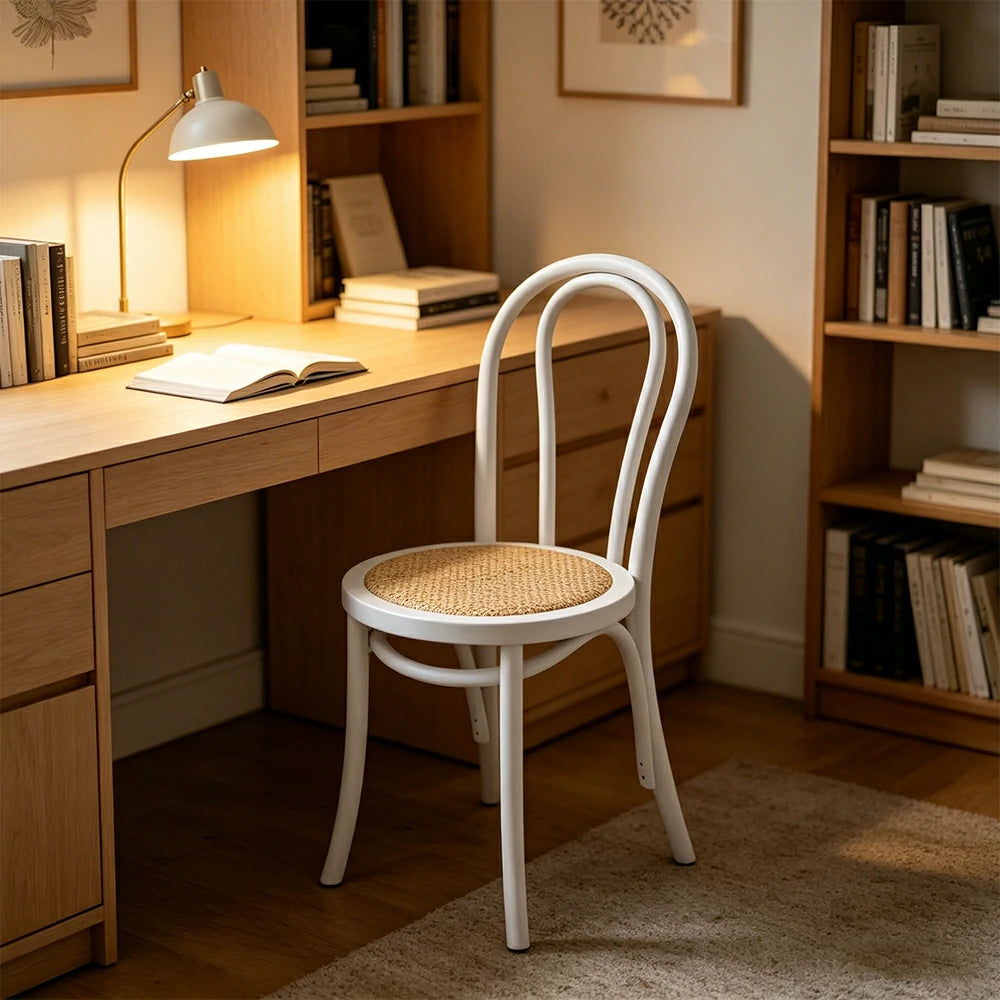 LIVARA Rattan Dining Chair Solid Wood Frame Curved Hollow Backrest for Dining Room Cafe Corner Study - White