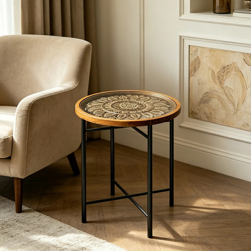 LIVARA Vintage Carved Side Table Tempered Glass Top Foldable Metal Legs for Living Room Bedroom