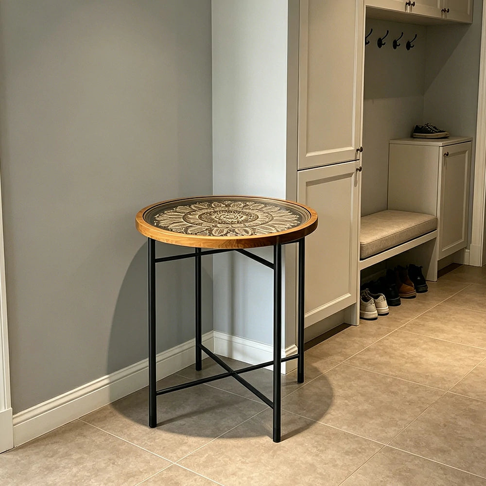 LIVARA Vintage Carved Side Table Tempered Glass Top Foldable Metal Legs for Living Room Bedroom