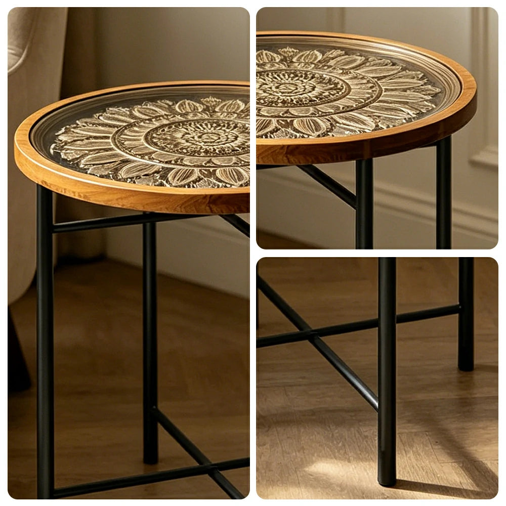 LIVARA Vintage Carved Side Table Tempered Glass Top Foldable Metal Legs for Living Room Bedroom