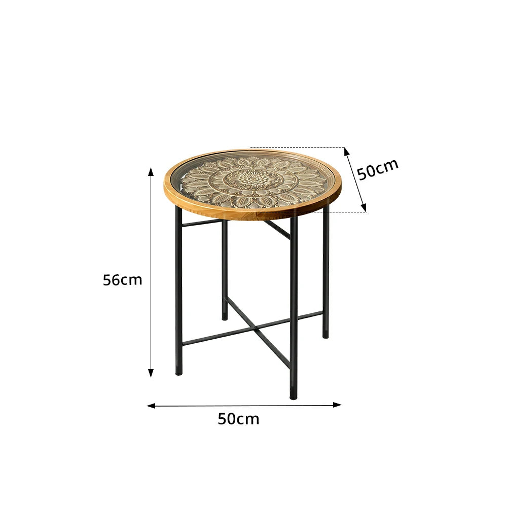 LIVARA Vintage Carved Side Table Tempered Glass Top Foldable Metal Legs for Living Room Bedroom