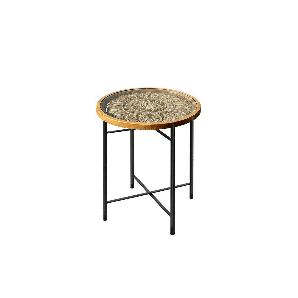 LIVARA Vintage Carved Side Table Tempered Glass Top Foldable Metal Legs for Living Room Bedroom