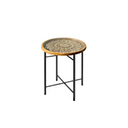 LIVARA Vintage Carved Side Table Tempered Glass Top Foldable Metal Legs for Living Room Bedroom